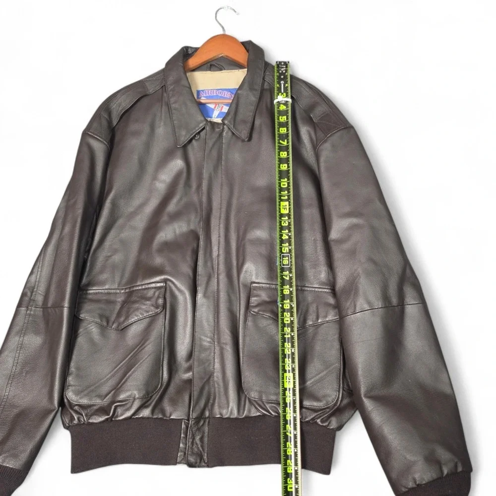 Vintage Airborne Brown Leather Bomber Flight Jacket Mens XLT American Flag Lined